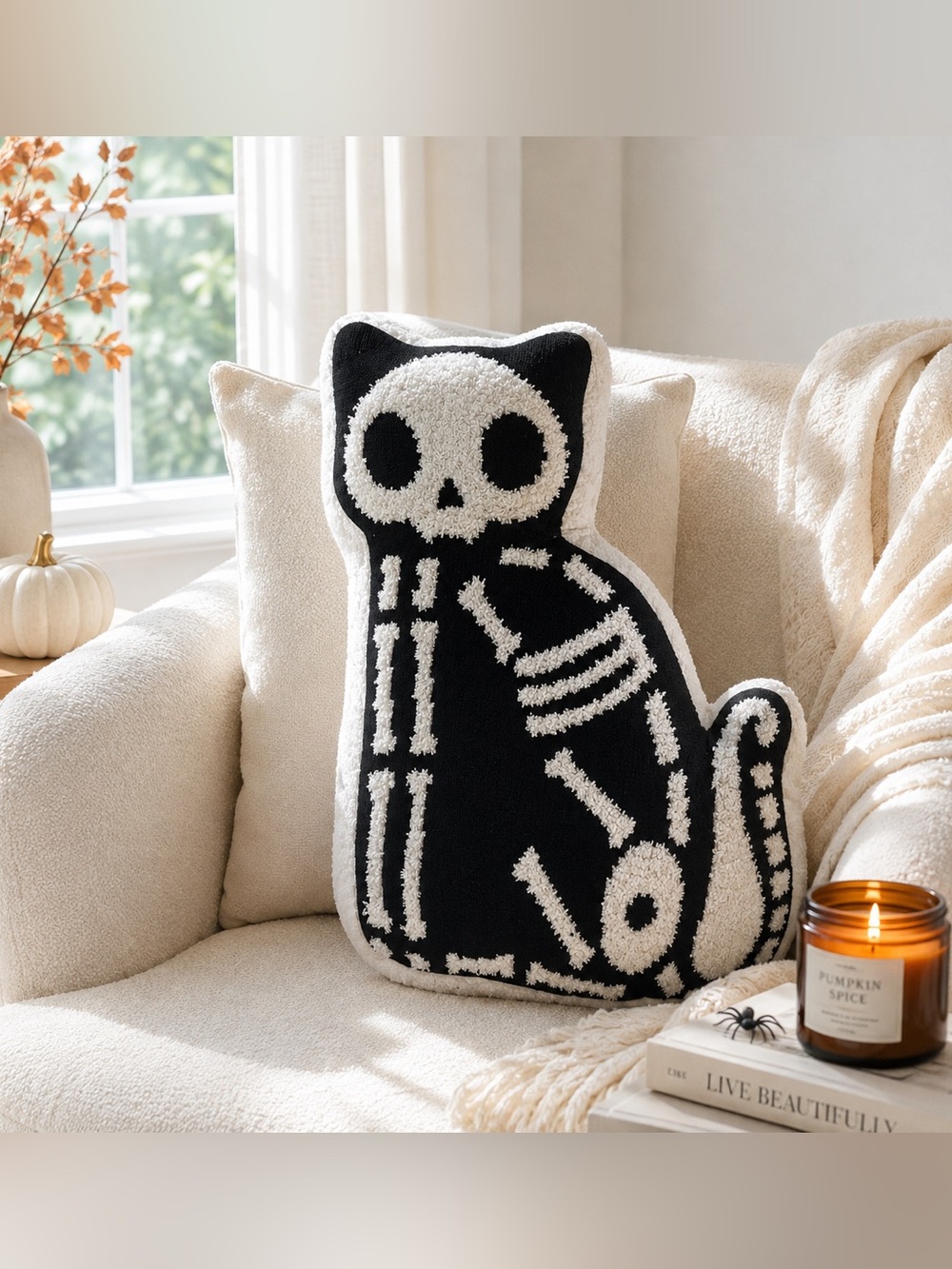 Jack O’ Lantern Lane Skeleton Cat Shaped Halloween Pillow